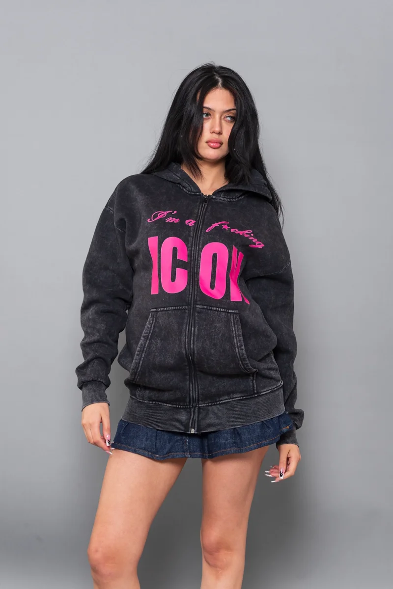 ICON Baskılı Fermuarlı Zip Kapüşonlu Unisex Yıkamalı Siyah Sweatshirt
