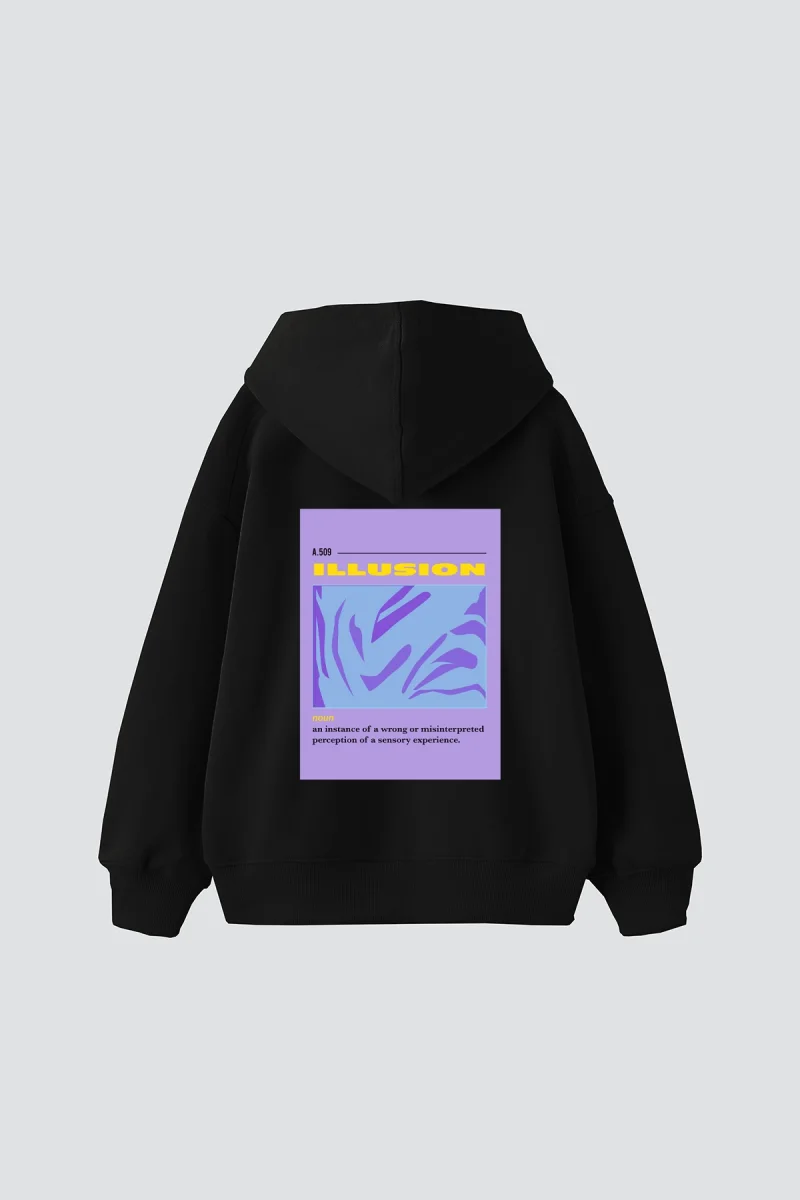 Illusion Baskılı Oversize Unisex Siyah Hoodie