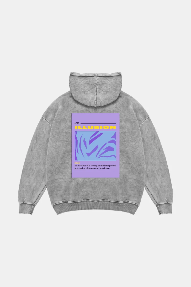Illusion Baskılı Oversize Unisex Yıkamalı Beyaz Hoodie