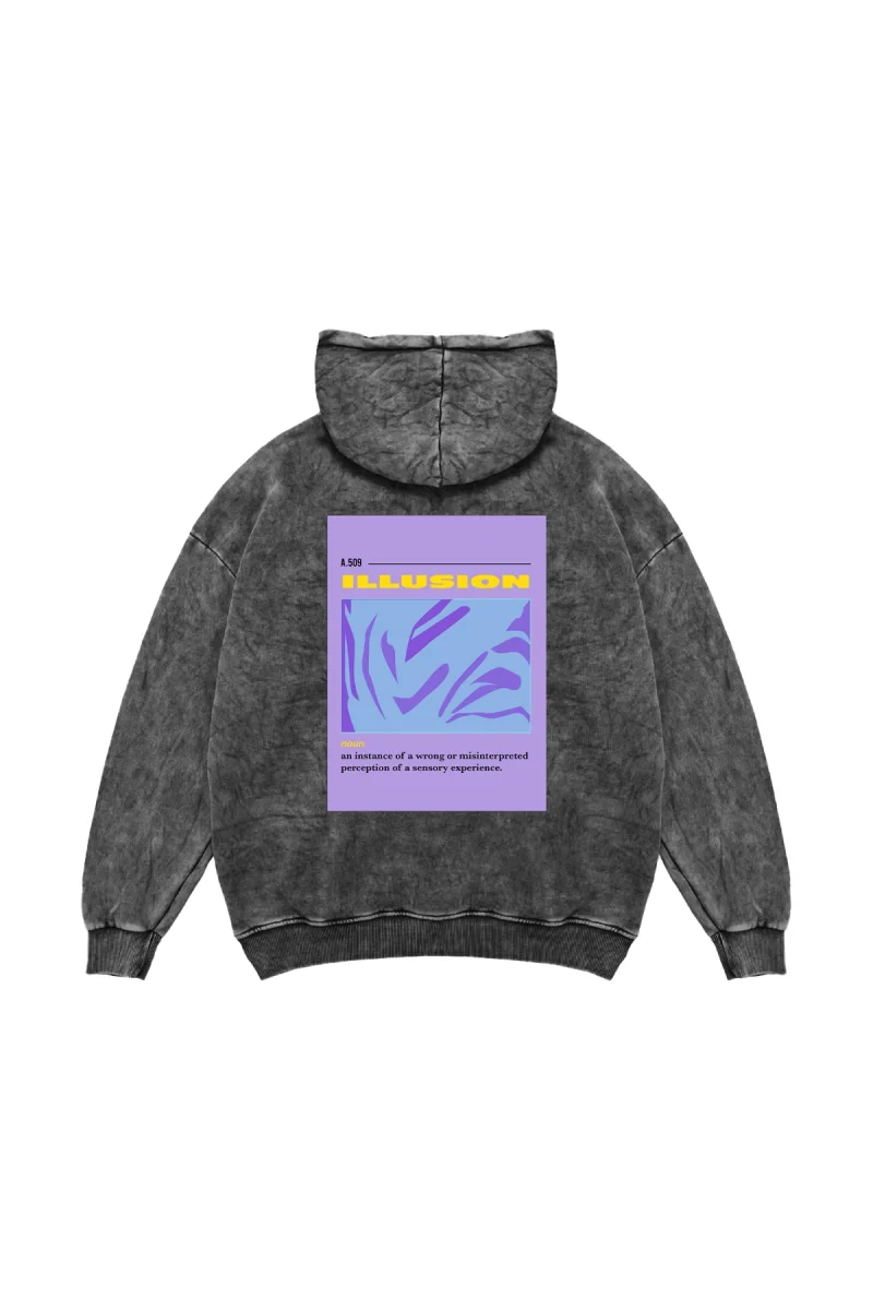 Illusion Baskılı Oversize Unisex Yıkamalı Siyah Hoodie