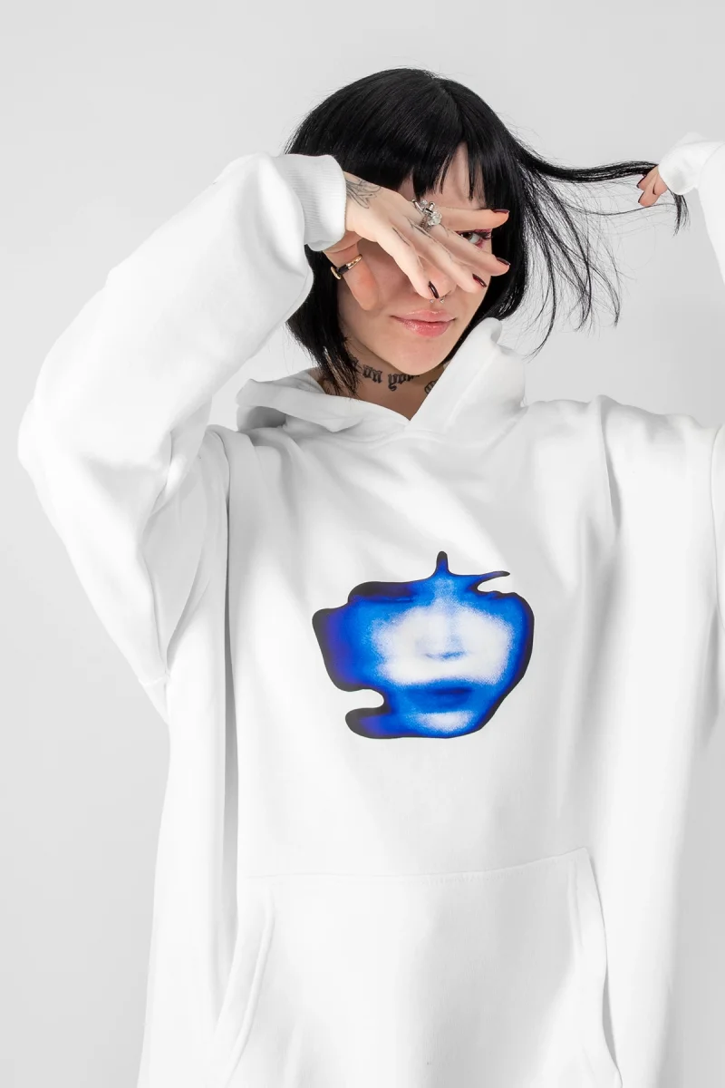 Illusion Face Baskılı Oversize Unisex Beyaz Hoodie