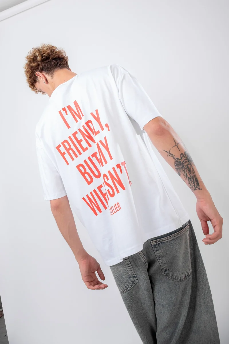 Im Friendly Sırt Baskılı Beyaz Oversize Tshirt
