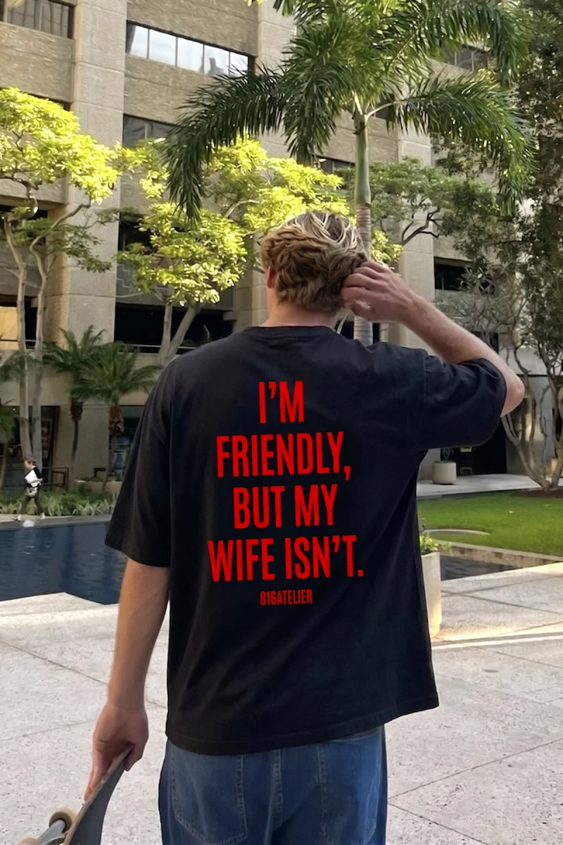 Im Friendly Sırt Baskılı Siyah Oversize Tshirt