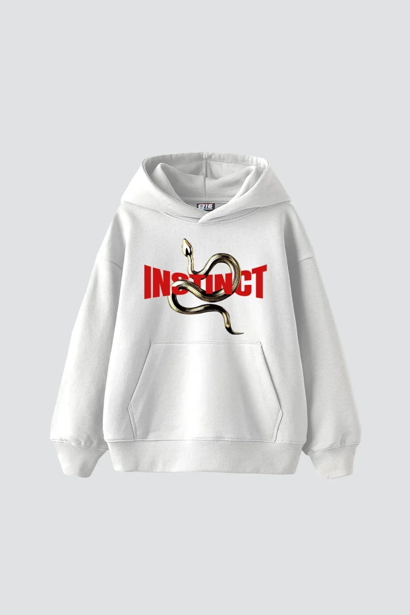 Instinct Baskılı Oversize Unisex Beyaz Hoodie
