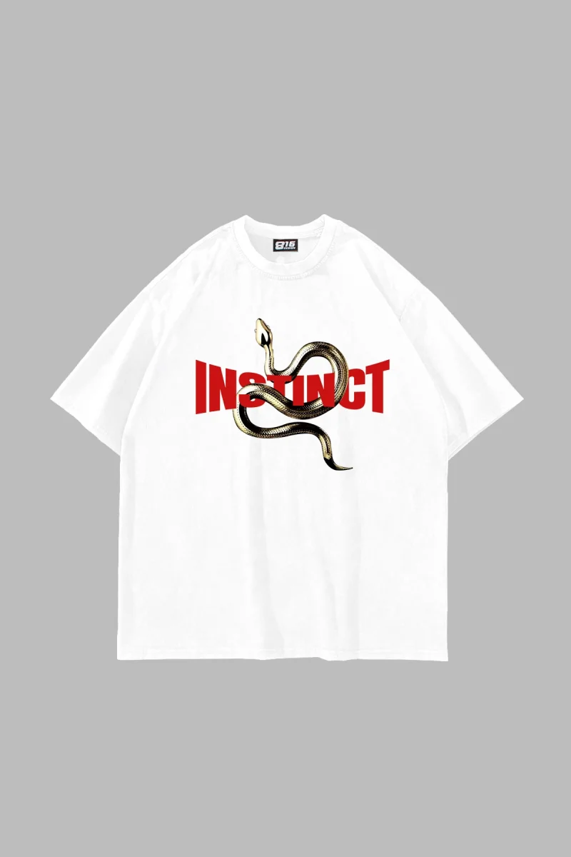 Instinct Baskılı Oversize Unisex Beyaz Tshirt