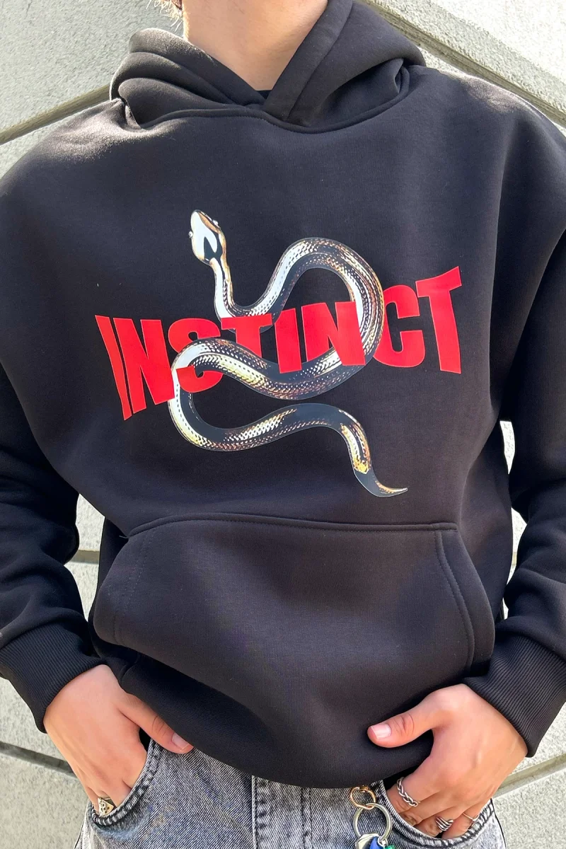 Instinct Baskılı Oversize Unisex Siyah Hoodie