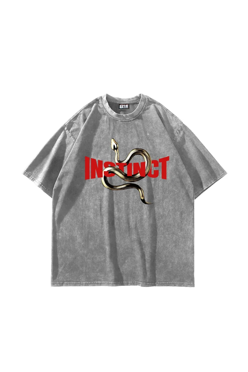 Instinct Baskılı Oversize Unisex Yıkamalı Beyaz Tshirt