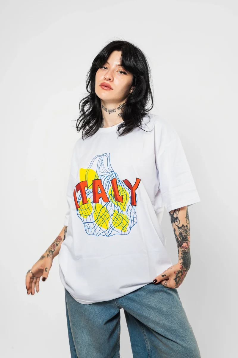 İtaly Lemon Baskılı Oversize Unisex Beyaz Tshirt