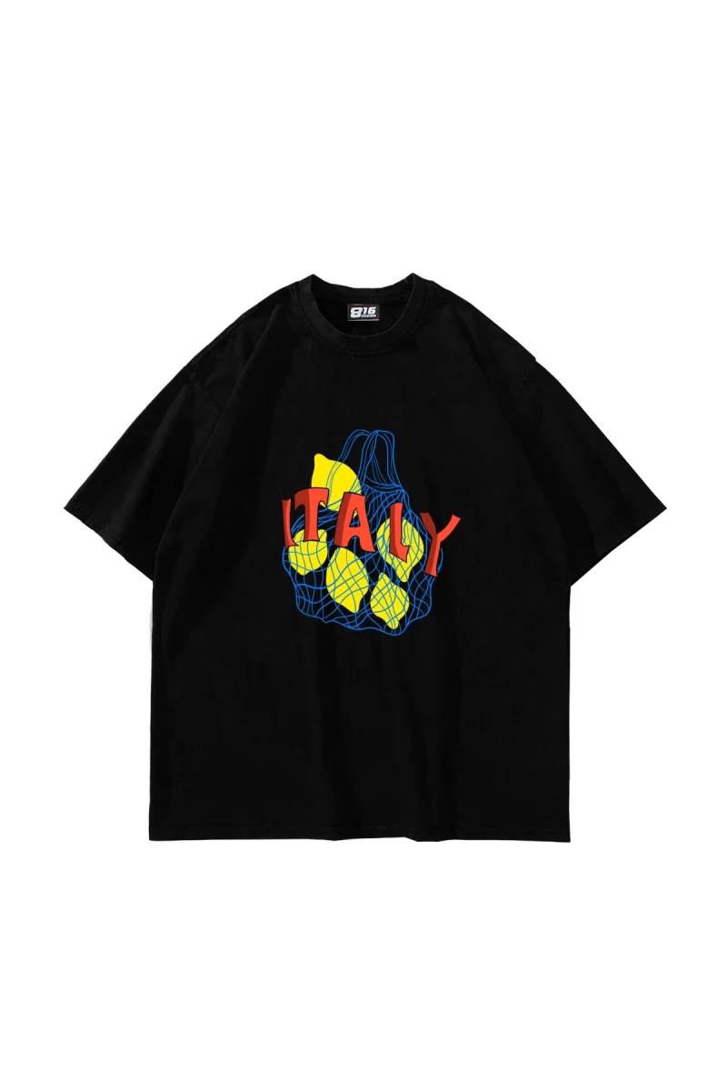 İtaly Lemon Baskılı Oversize Unisex Siyah Tshirt
