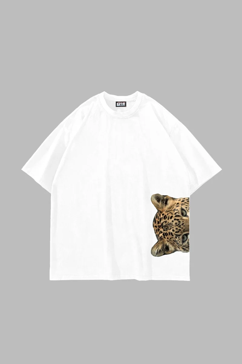 Jaguar Baskılı Oversize Unisex Beyaz Tshirt