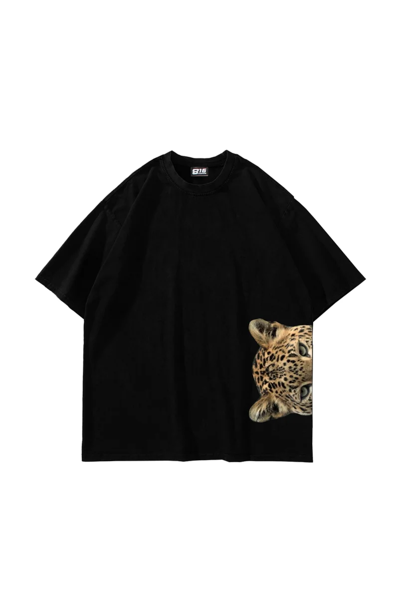 Jaguar Baskılı Oversize Unisex Siyah Tshirt