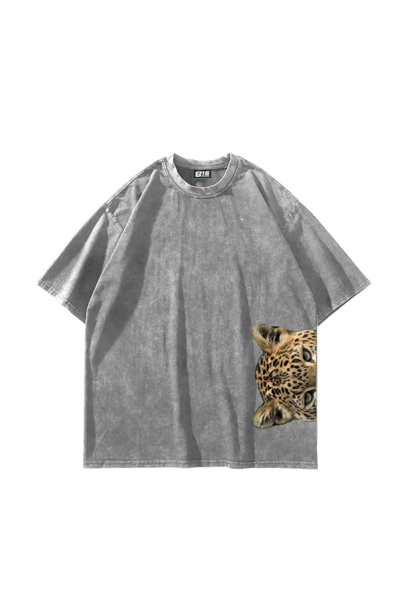 Jaguar Baskılı Oversize Unisex Yıkamalı Beyaz Tshirt