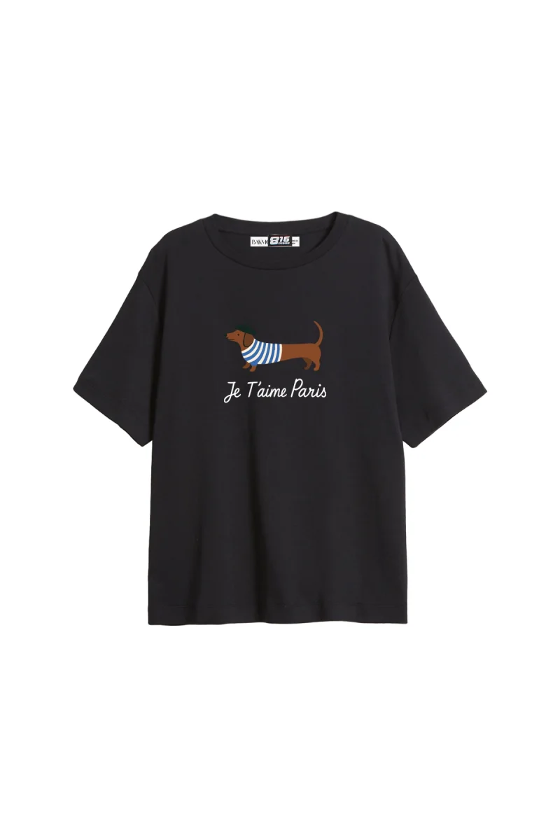 Je Taime Paris Baskılı Relaxed Fit Siyah Kadın Tshirt