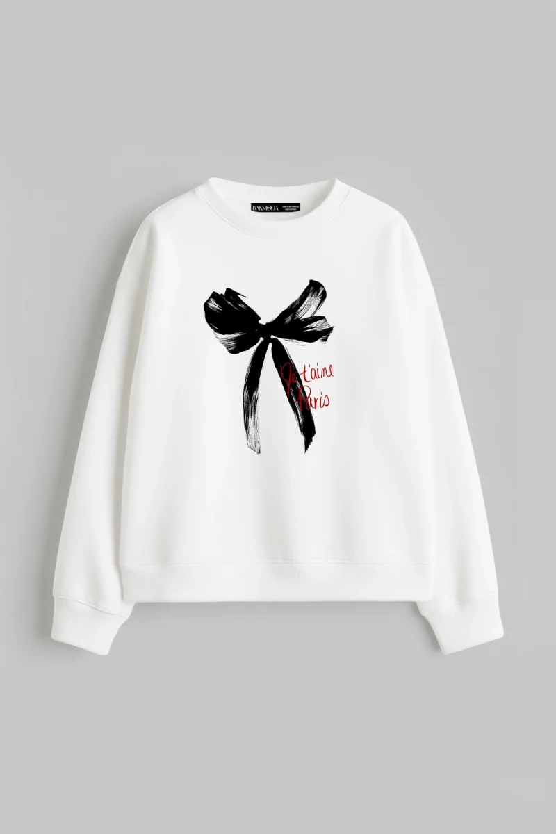 Je Taime Paris Baskılı Kapüşonsuz Relaxed Fit Kadın Beyaz Sweatshirt