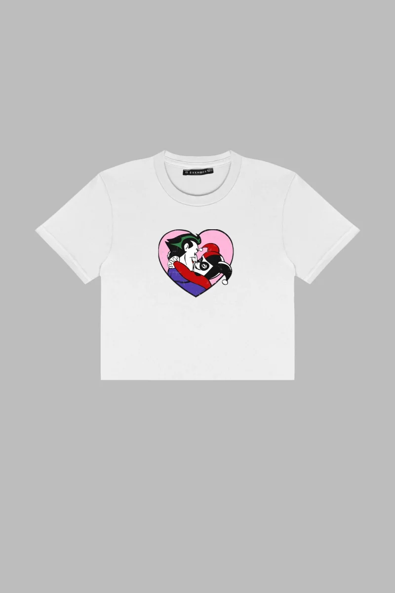 Joker&Harley Baskılı Beyaz Crop Top