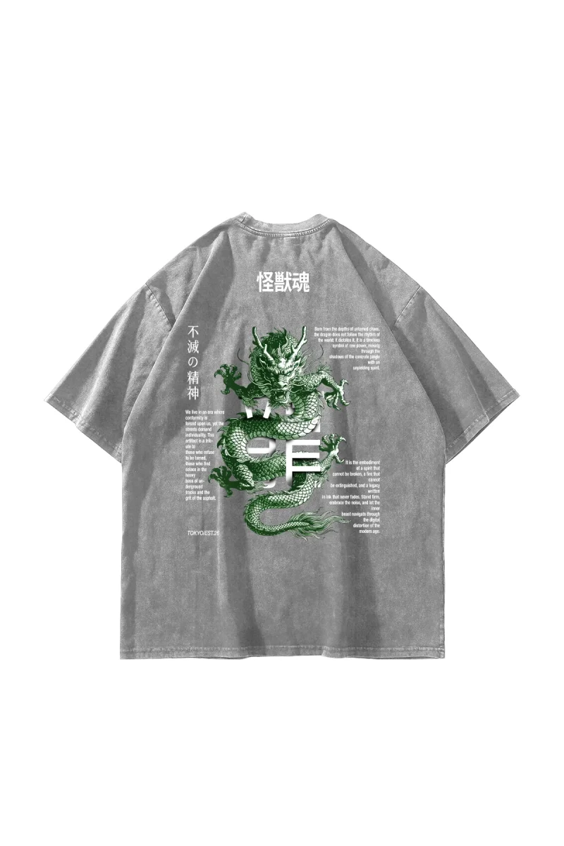 Kaiju Tamashii Ejderha Baskılı Yıkamalı Beyaz Oversize Tshirt