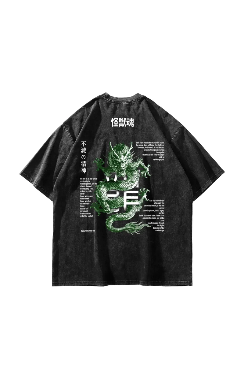 Kaiju Tamashii Ejderha Baskılı Yıkamalı Siyah Oversize Tshirt