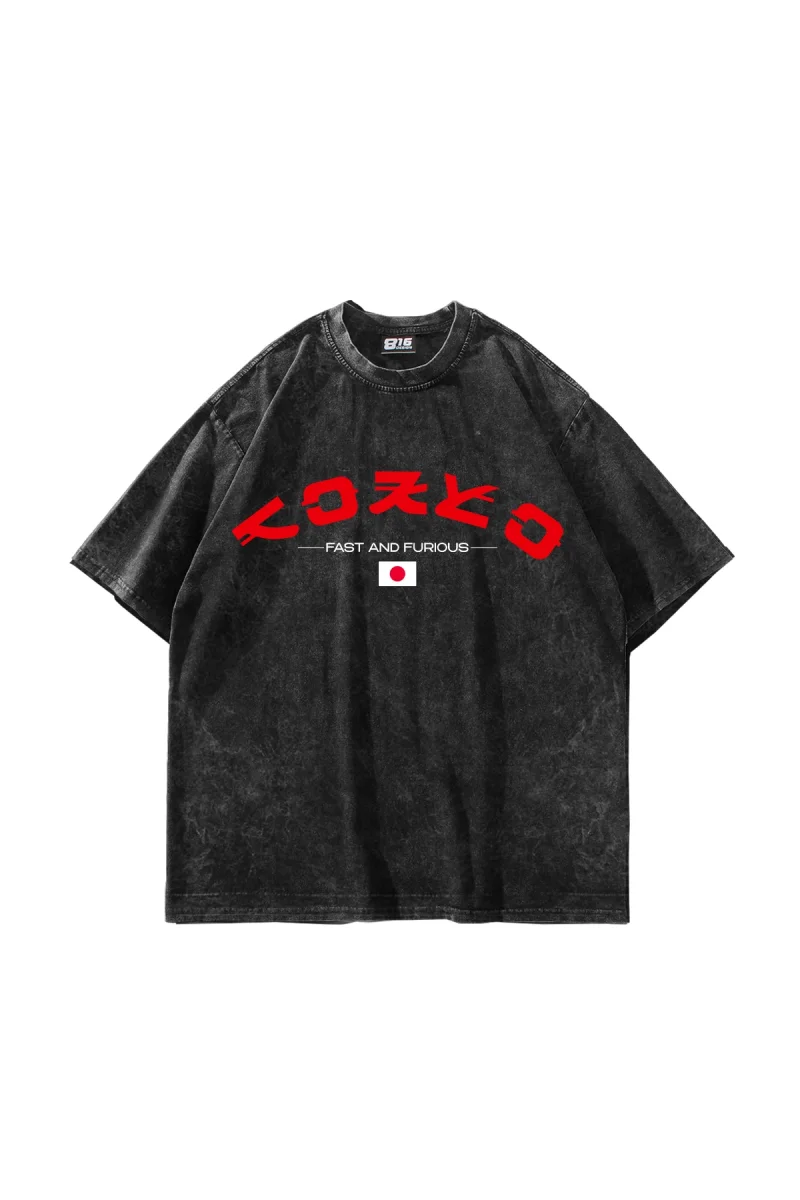 Kaiju Tamashii Ejderha Baskılı Yıkamalı Siyah Oversize Tshirt