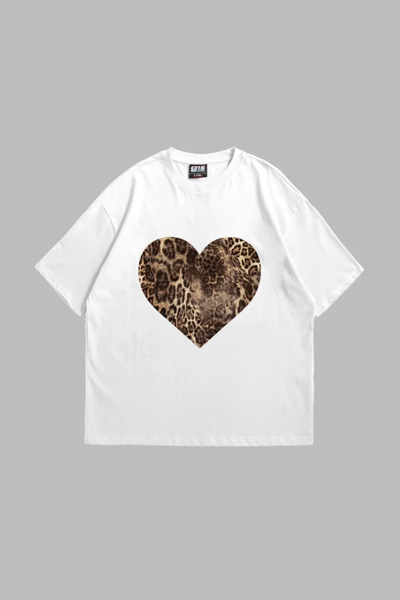 Kalp Leopar Baskılı 24/1 Oversize Unisex Beyaz Tshirt