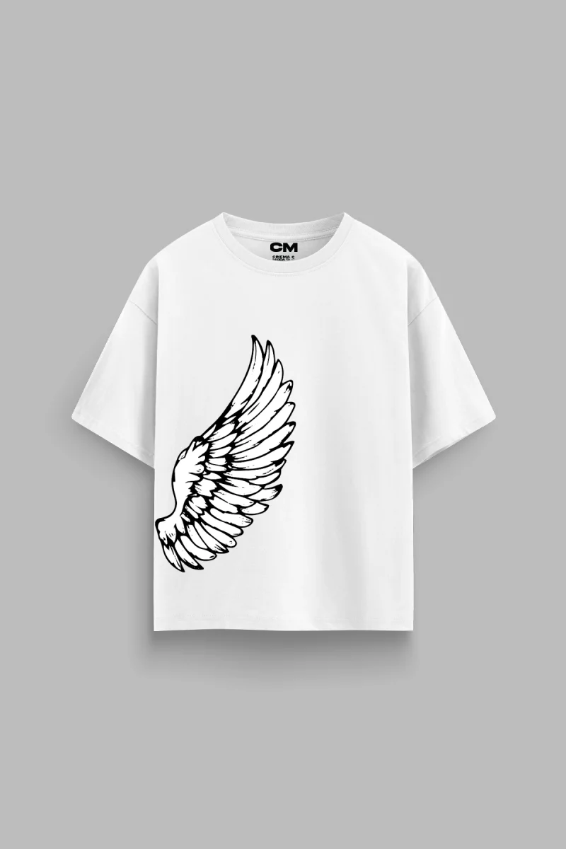 Kanat V2 Baskılı Rahat Kalıp 30/1 Unisex Beyaz Tshirt
