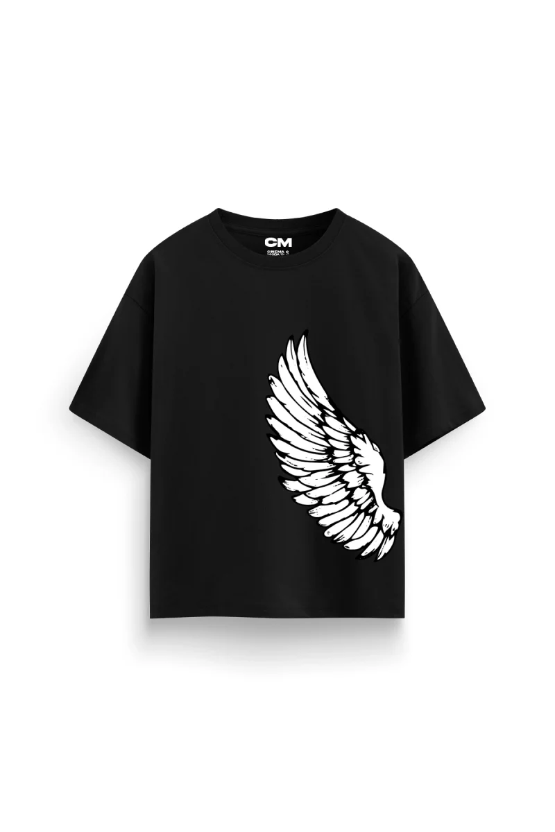 Kanat V2 Baskılı Rahat Kalıp 30/1 Unisex Siyah Tshirt