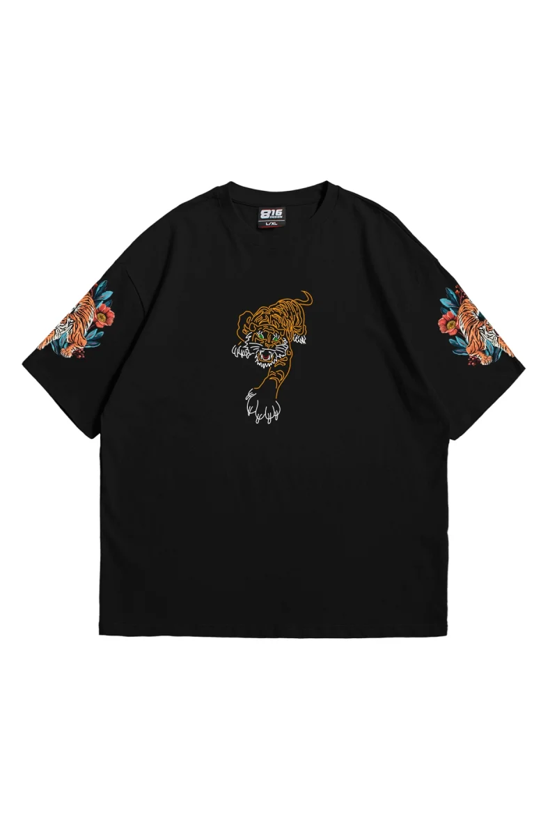 Kaplan Göğüs Baskılı Kol Detaylı Premium Unisex Siyah Tshirt