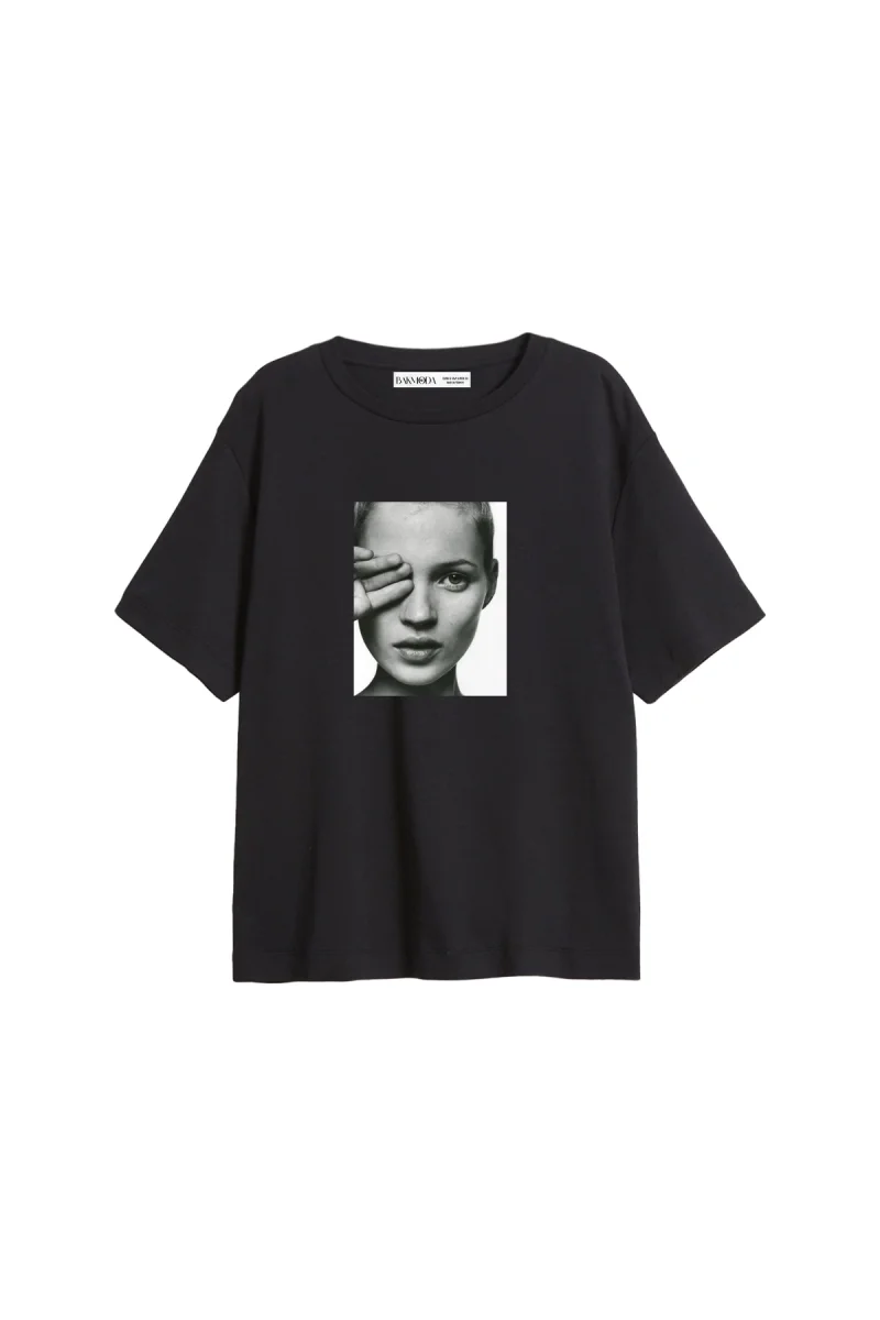 Kate Moss Baskılı Relaxed Fit Siyah Kadın Tshirt
