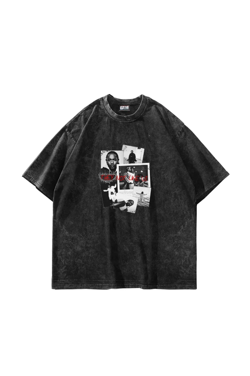 Kendrick Baskılı Oversize Unisex Yıkamalı Siyah Tshirt