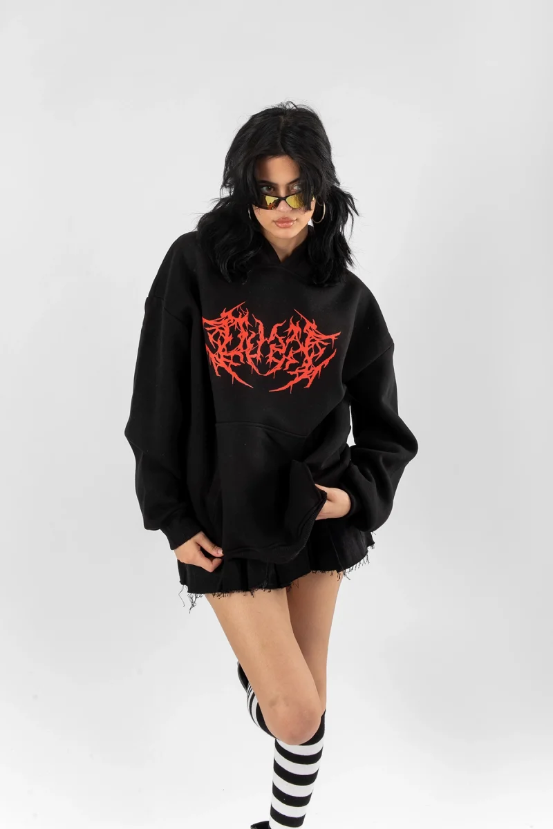 Kırmızı Dusk Baskılı Oversize Unisex Siyah Hoodie
