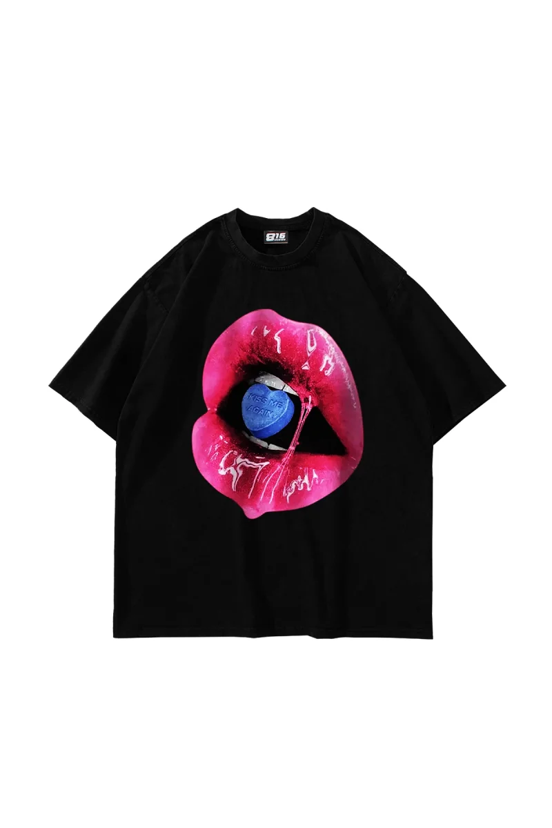 Kiss Me Again Baskılı Oversize Unisex Siyah Tshirt