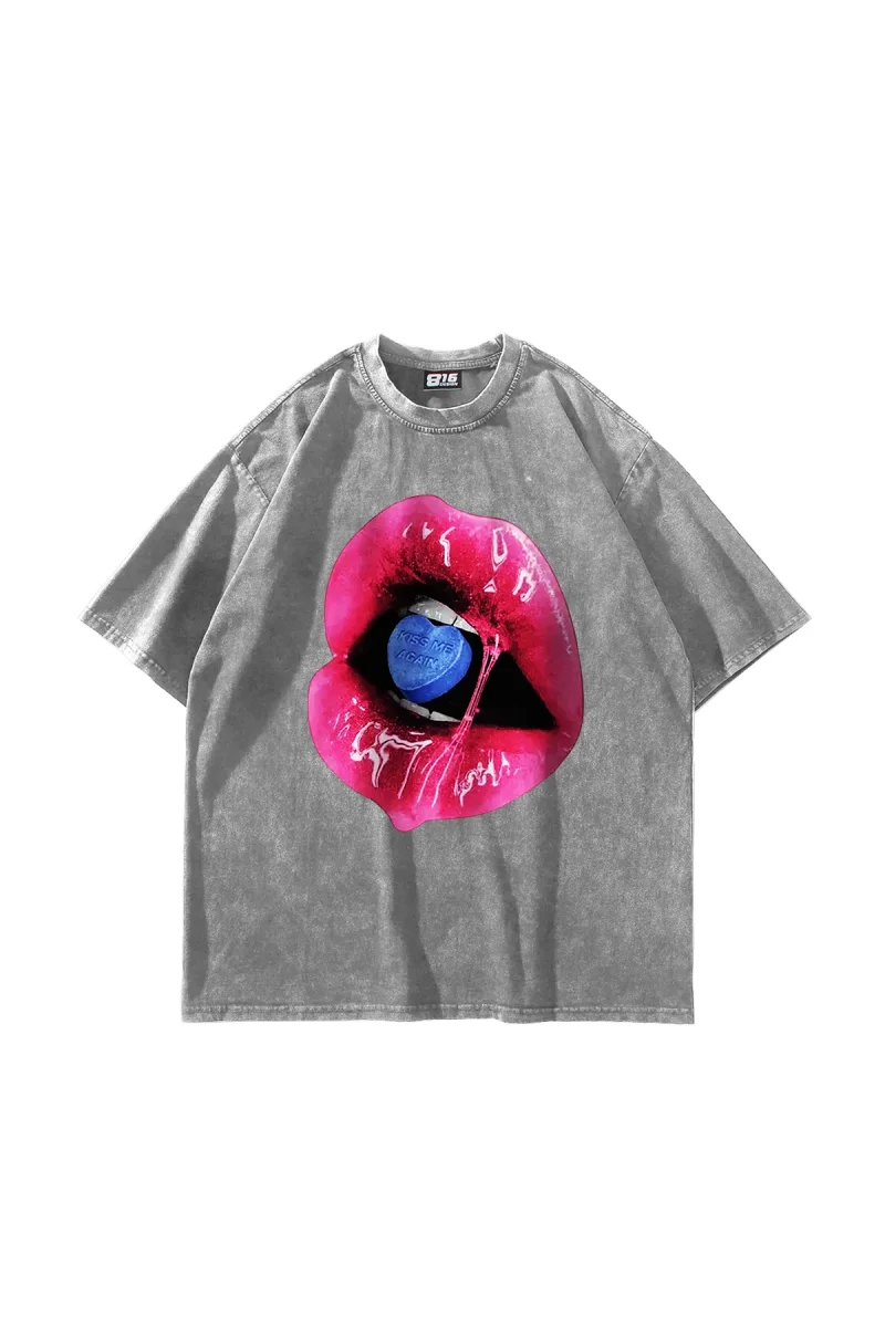 Kiss Me Again Baskılı Oversize Unisex Yıkamalı Beyaz Tshirt