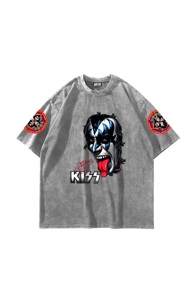 Kıss Rock And Roll Baskılı 24/1 Oversize Unisex Yıkamalı Beyaz Tshirt