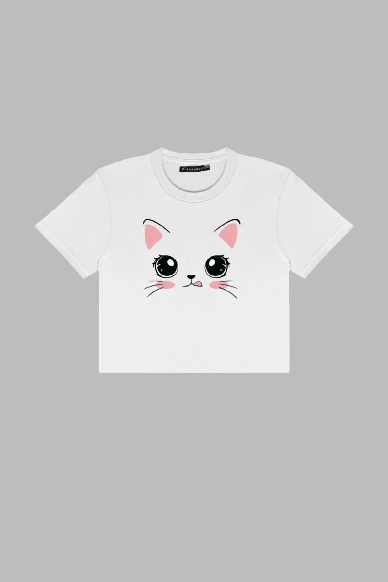 Kitty Baskılı Beyaz Crop Top