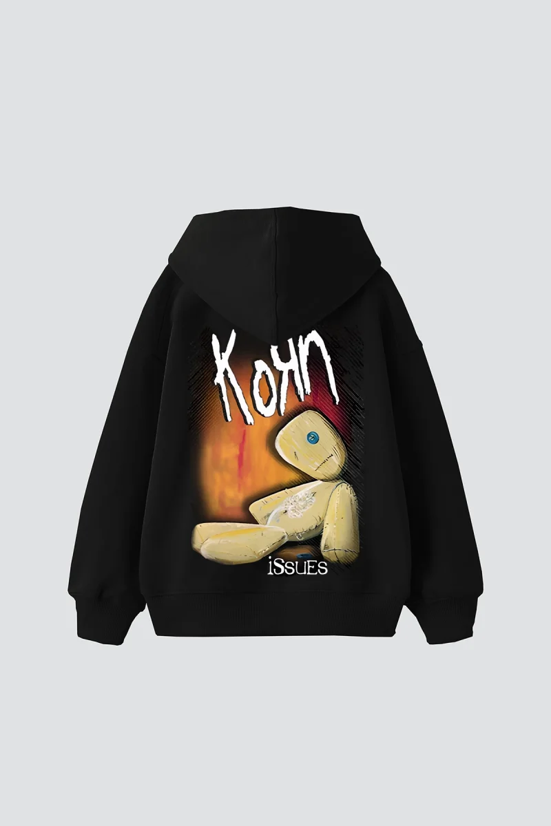 Korn Baskılı Oversize Unisex Siyah Hoodie