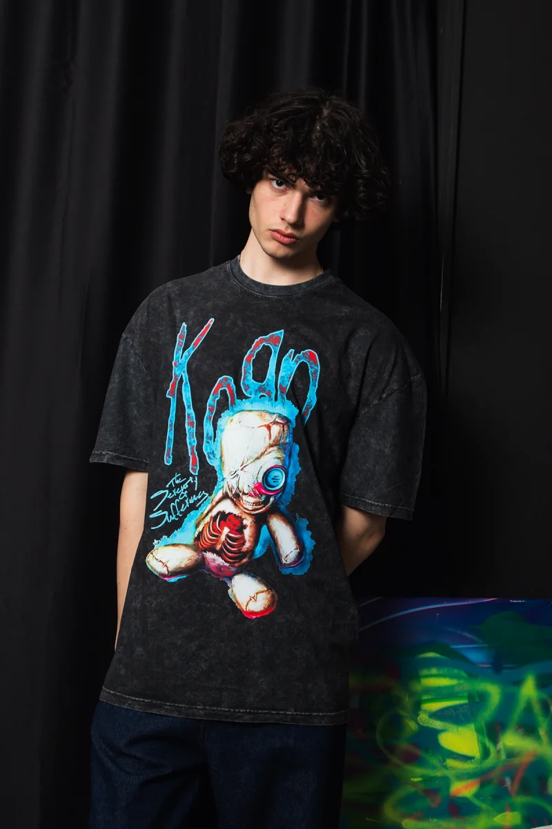 Korn Sos Doll Baskılı Oversize Unisex Yıkamalı Siyah Tshirt