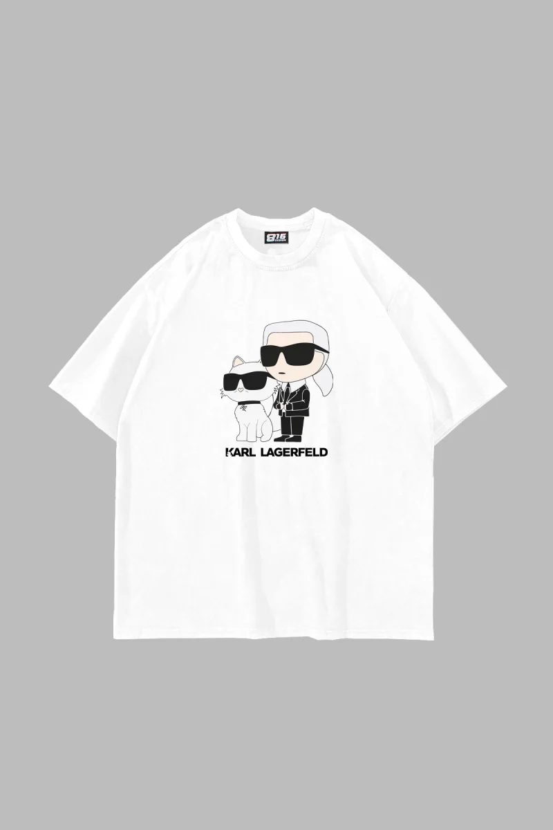 Krl Lagrfld Baskılı Oversize Unisex Beyaz Tshirt