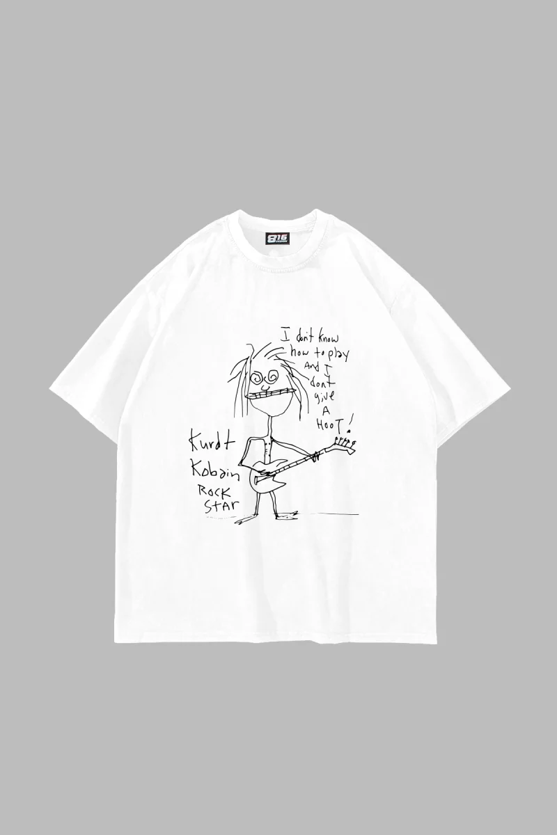 Kurdt Kobain Rock Star Baskılı Oversize Unisex Beyaz Tshirt