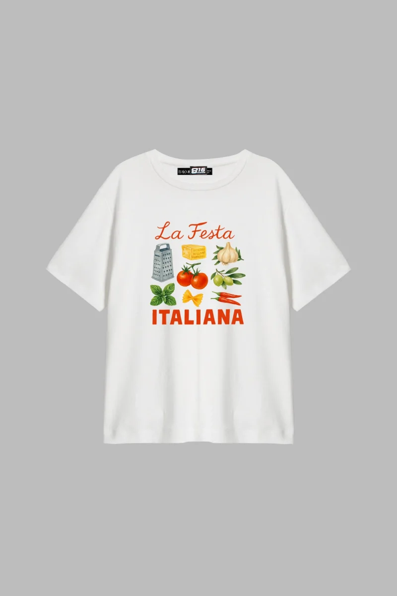 La Festa İtaliana Baskılı Relaxed Fit Beyaz Kadın Tshirt