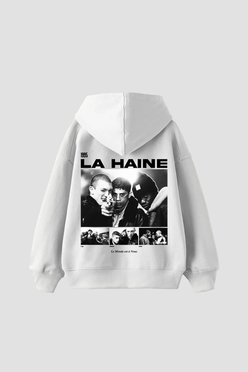 La Haine Baskılı Oversize Unisex Beyaz Hoodie