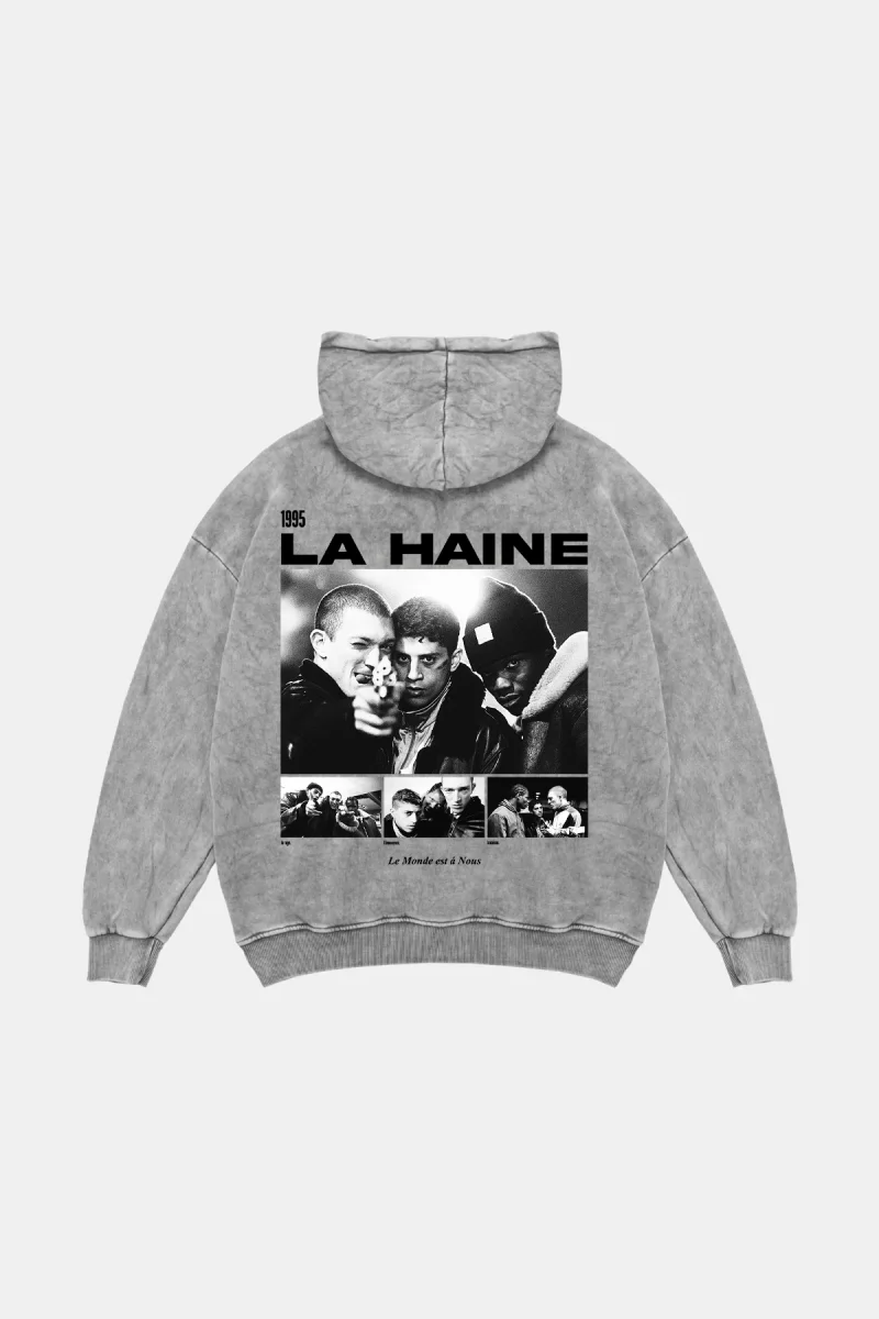 La Haine Baskılı Oversize Unisex Yıkamalı Beyaz Hoodie