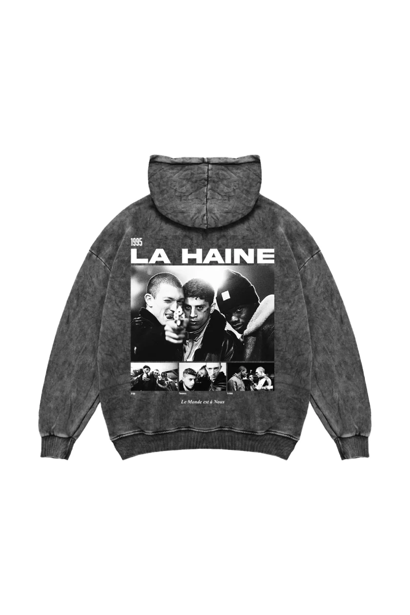 La Haine Baskılı Oversize Unisex Yıkamalı Siyah Hoodie