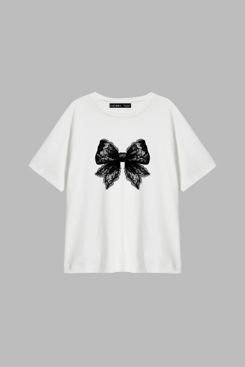 Lace Cute Ribbon Baskılı Relaxed Fit Beyaz Kadın Tshirt