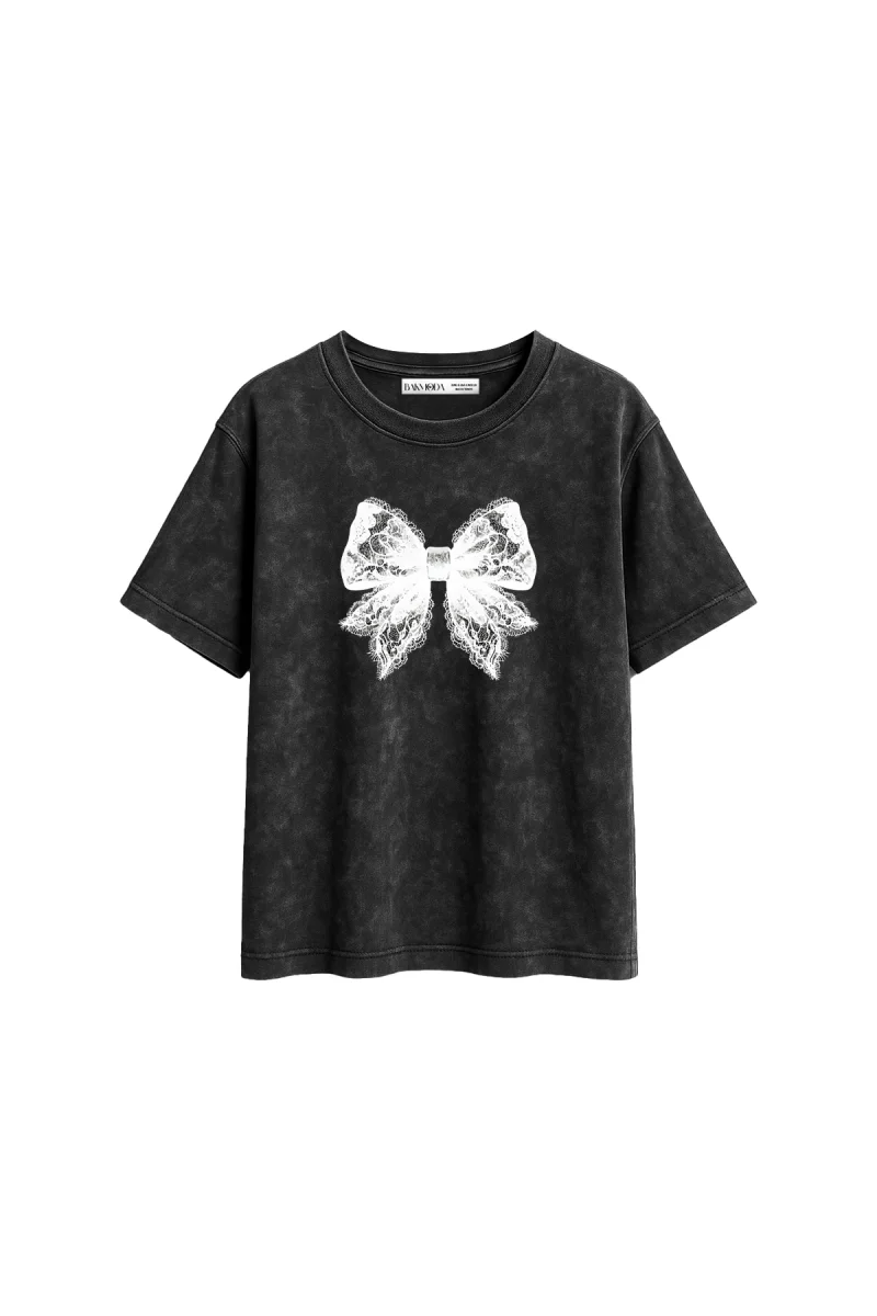 Lace Cute Ribbon Baskılı Relaxed Fit Yıkamalı Siyah Kadın Tshirt