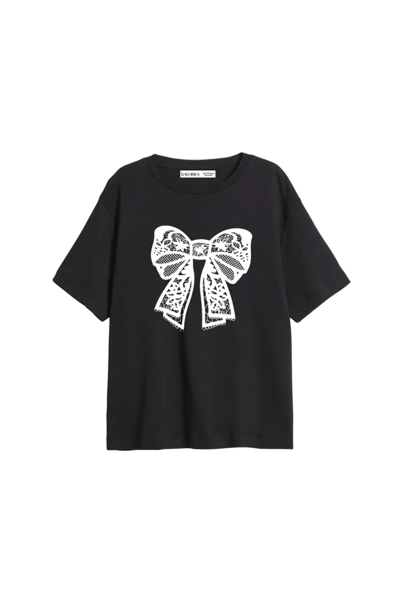 Lace Ribbon Baskılı Relaxed Fit Siyah Kadın Tshirt