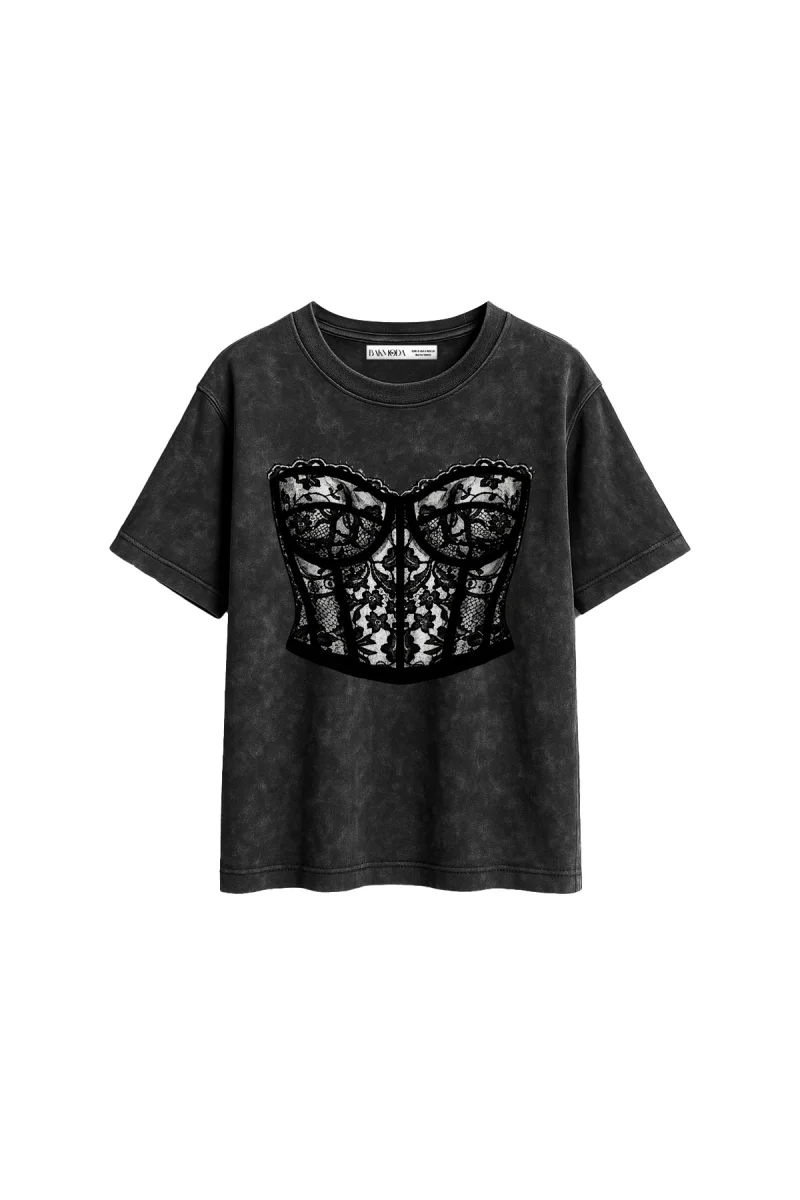 Lace Top Baskılı Relaxed Fit Yıkamalı Siyah Kadın Tshirt