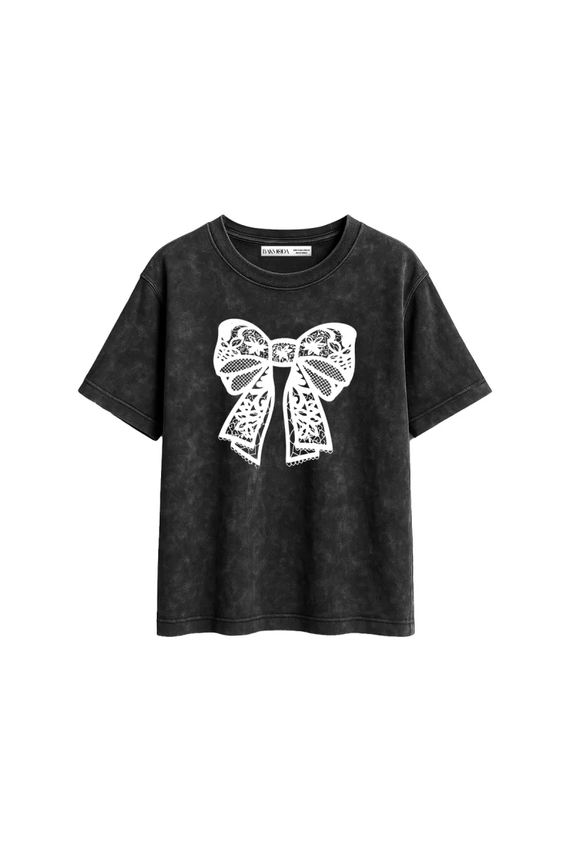 Lace Ribbon Baskılı Relaxed Fit Yıkamalı Siyah Kadın Tshirt