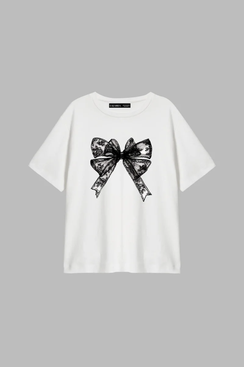Lace V2 Ribbon Baskılı Relaxed Fit Beyaz Kadın Tshirt