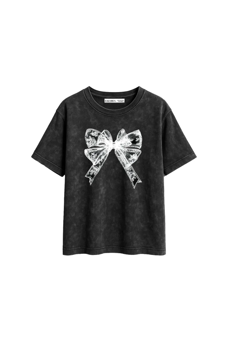 Lace V2 Ribbon Baskılı Relaxed Fit Yıkamalı Siyah Kadın Tshirt