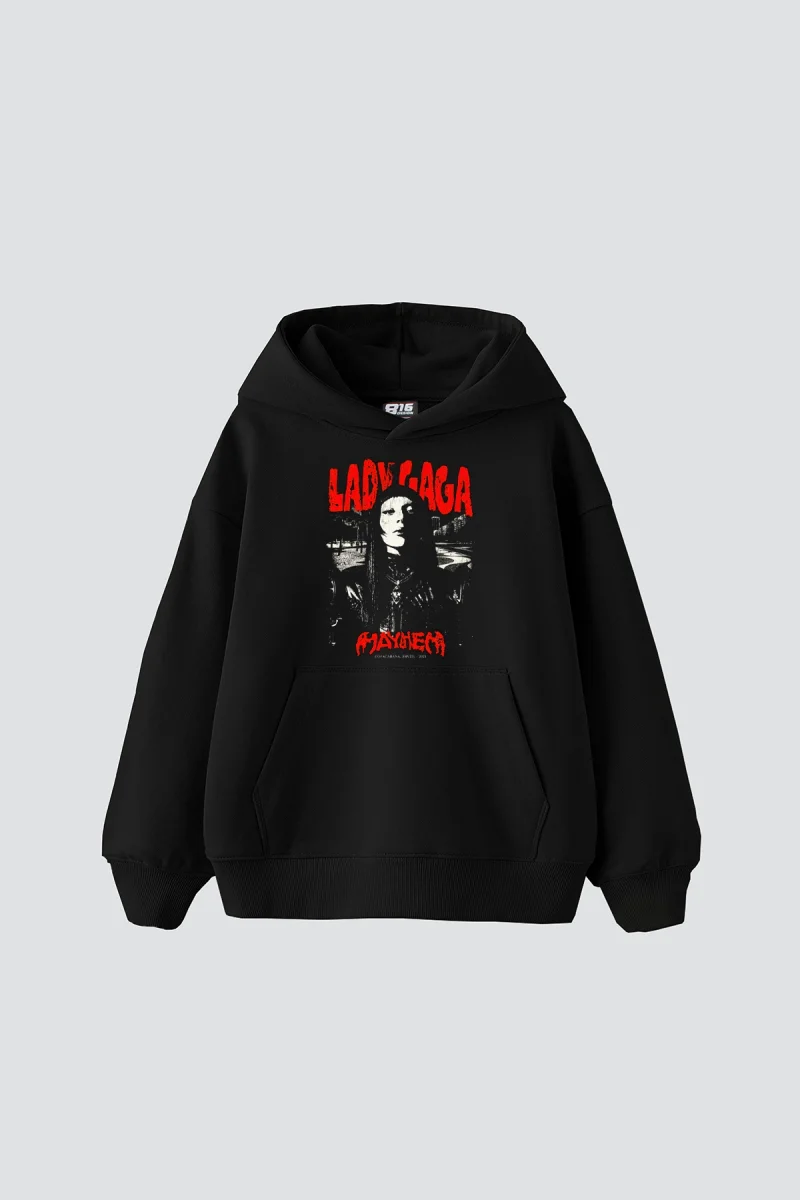 Lady Gaga Baskılı Oversize Unisex Siyah Hoodie