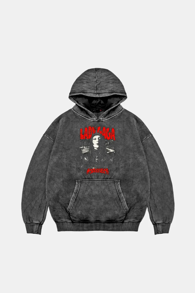 Lady Gaga Baskılı Oversize Unisex Yıkamalı Siyah Hoodie